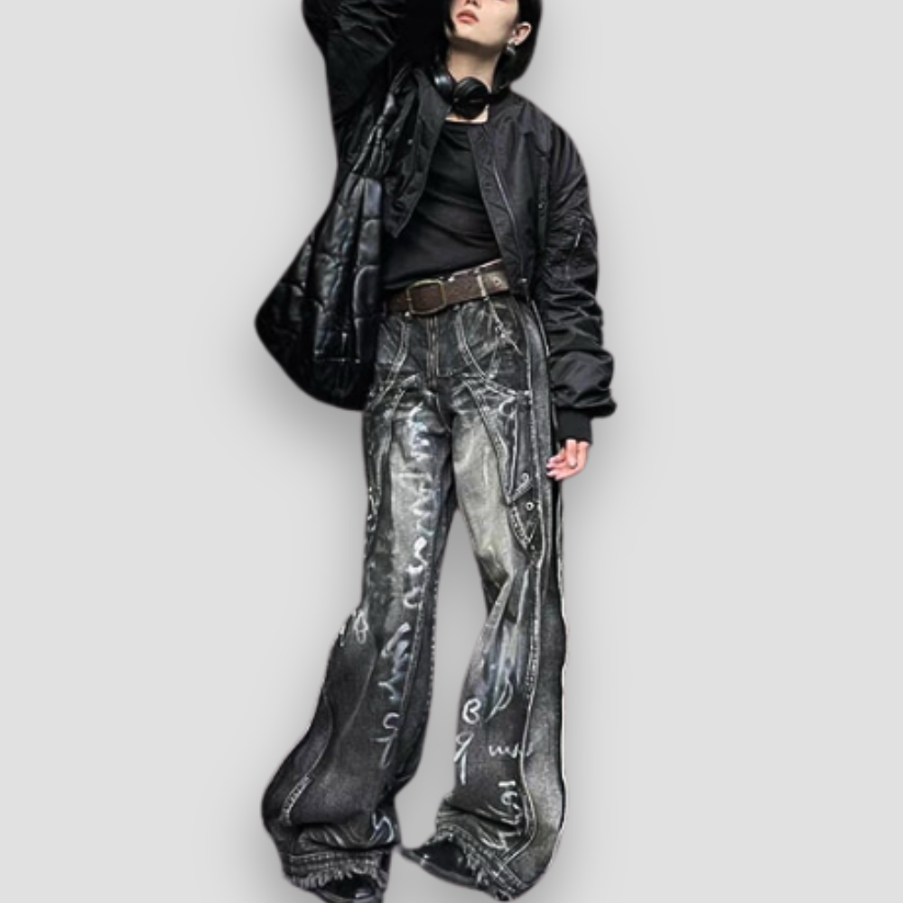 Badhie | Women's Graffiti Wash Wide-Leg Jeans