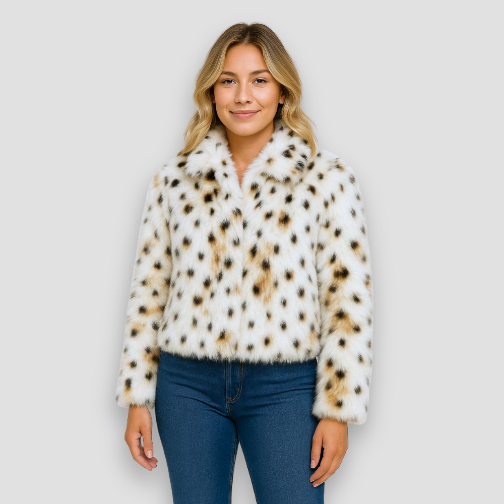 Badhie | Women's Cream Faux Fur Leopard Casual Jacket